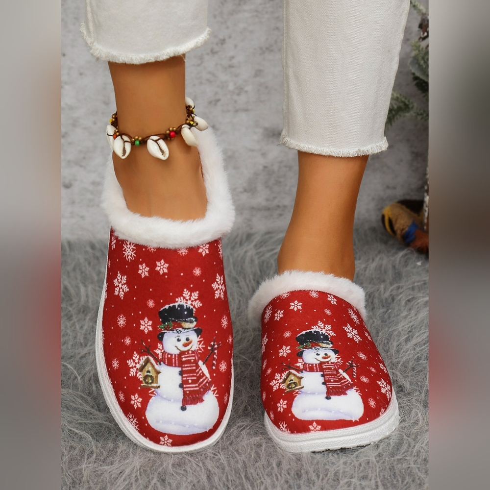 Snowman Print Flat Slippers with Faux Fur